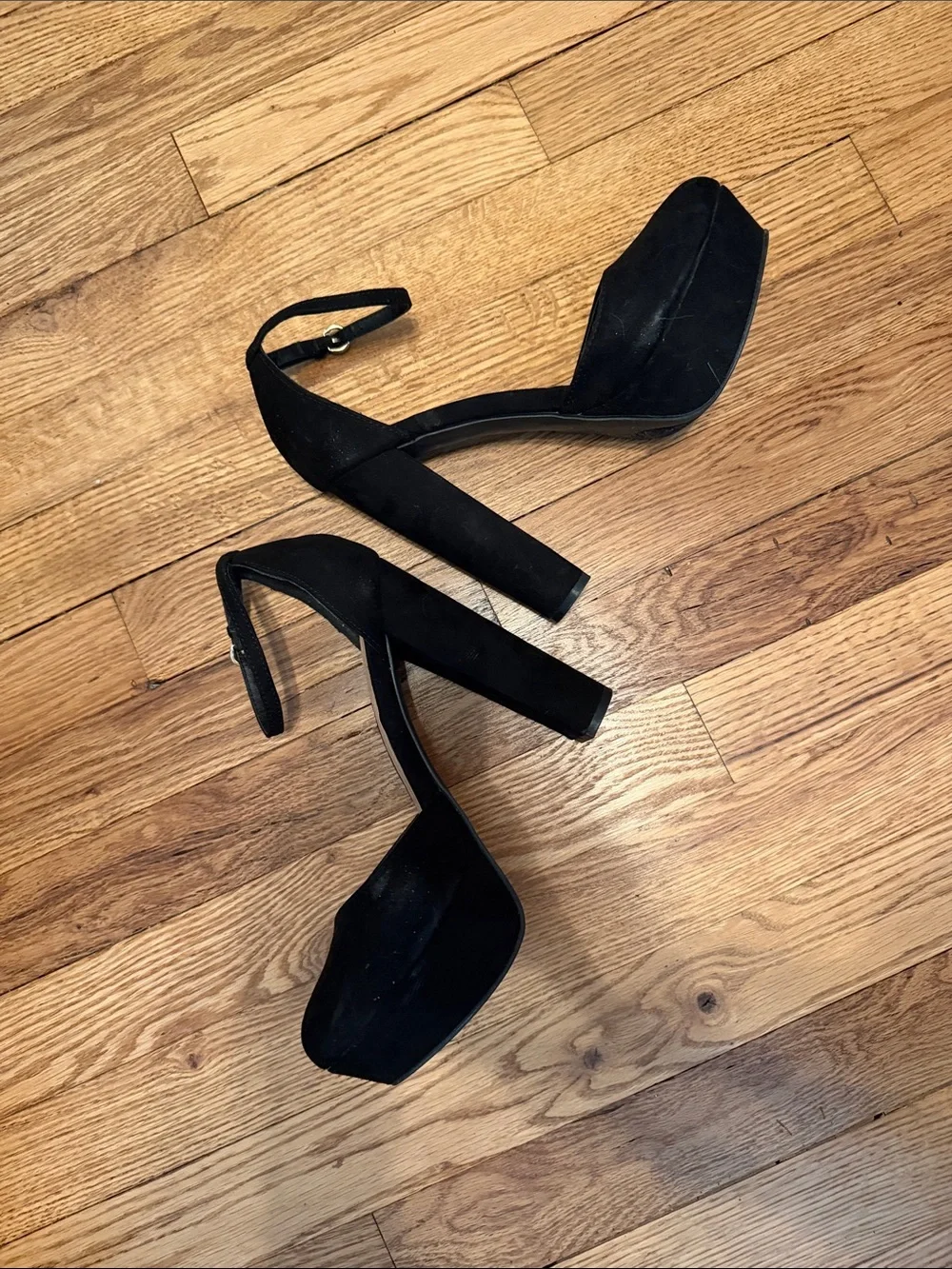 Black Suede Platform Block-Heel Ankle Strap Pumps